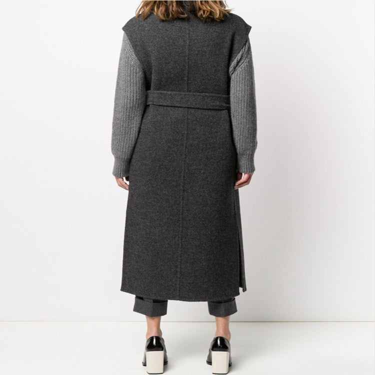 Women Maxi Long Sleeveless Wool Blend Coat with Wide Shawl Collar and Tie Belt Chichicherry
