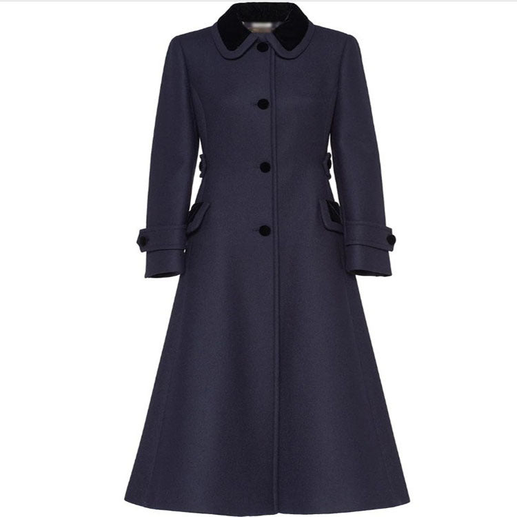 Women's Tailored A-Line Wool Blend Coat with Peter Pan Collar and Embellished Cuffs Chichicherry