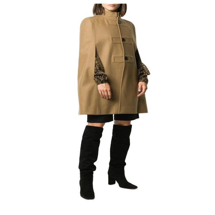 Women's Wool Blend Cape with Stand Collar, Concealed Arm Openings and Minimalist Tailoring Chichicherry