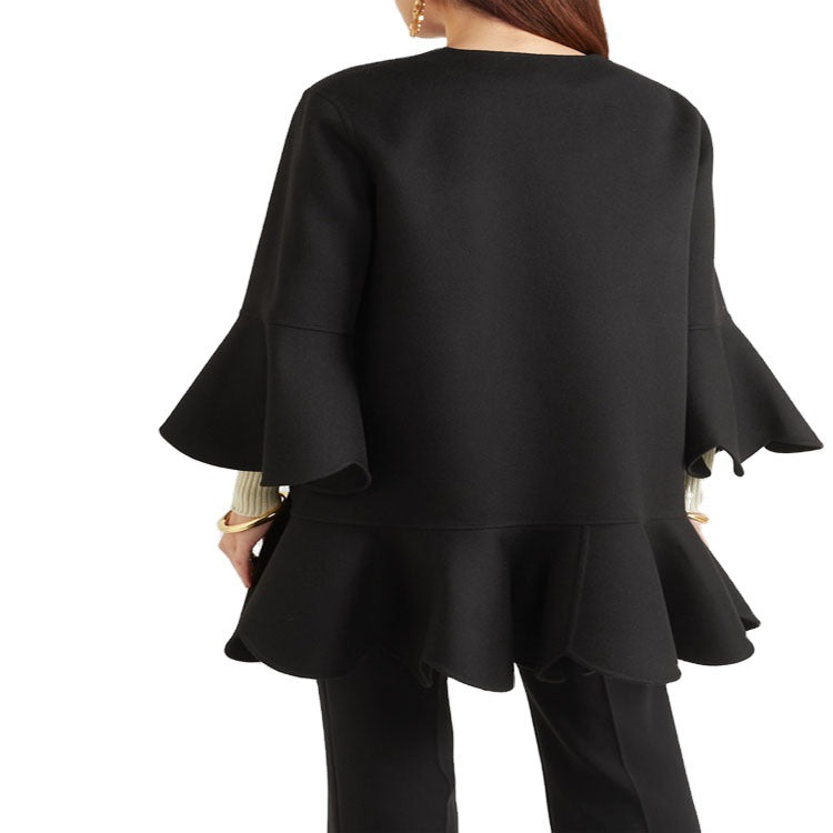 Women's Ruffled Cape Coat made of Wool Blend with Bell Sleeves Chichicherry