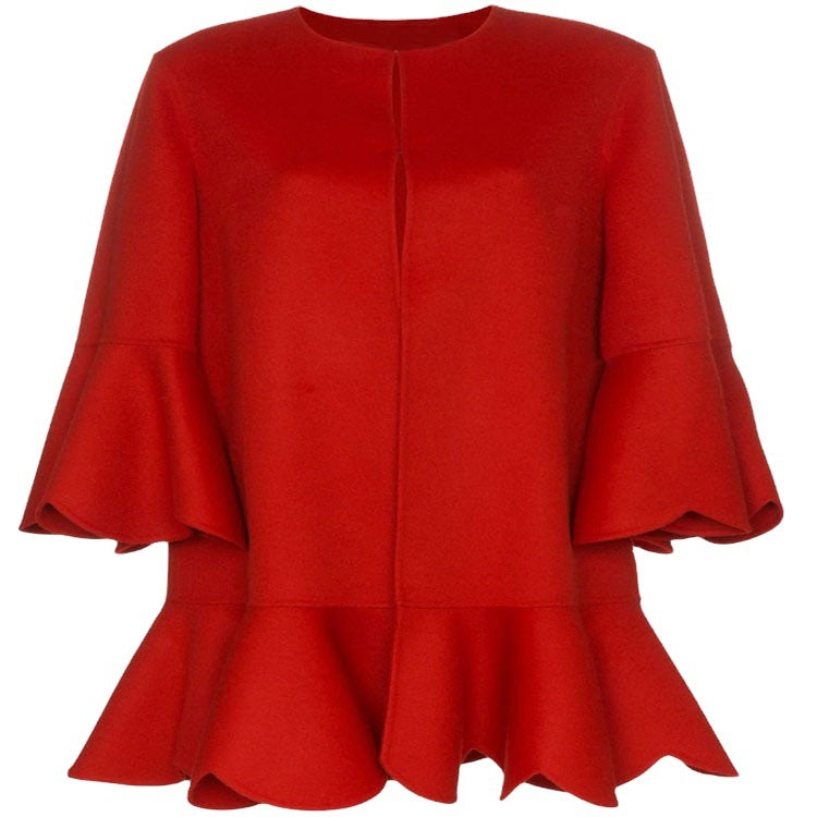 Women's Ruffled Cape Coat made of Wool Blend with Bell Sleeves Chichicherry