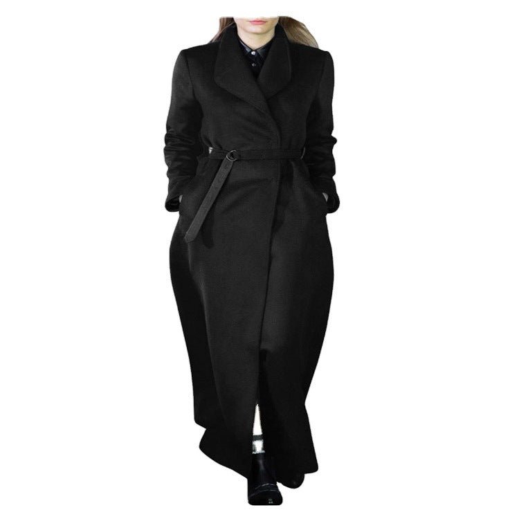 Women’s maxi long tailored wrap long coat with shawl collar and fine tie belt Chichicherry