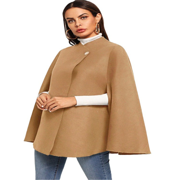 Women's short cape coat in coat style with stand-up collar and concealed button placket Chichicherry