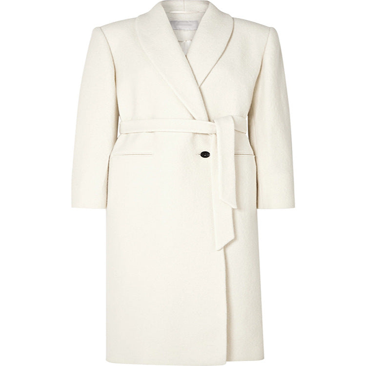 Women Tailored Midi-Length Coat with Wrap Belt and Shawl Collar Chichicherry