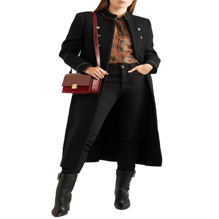 Women’s Longer Military Wool Coat with Gold Decorative Buttons and Stand Collar Chichicherry