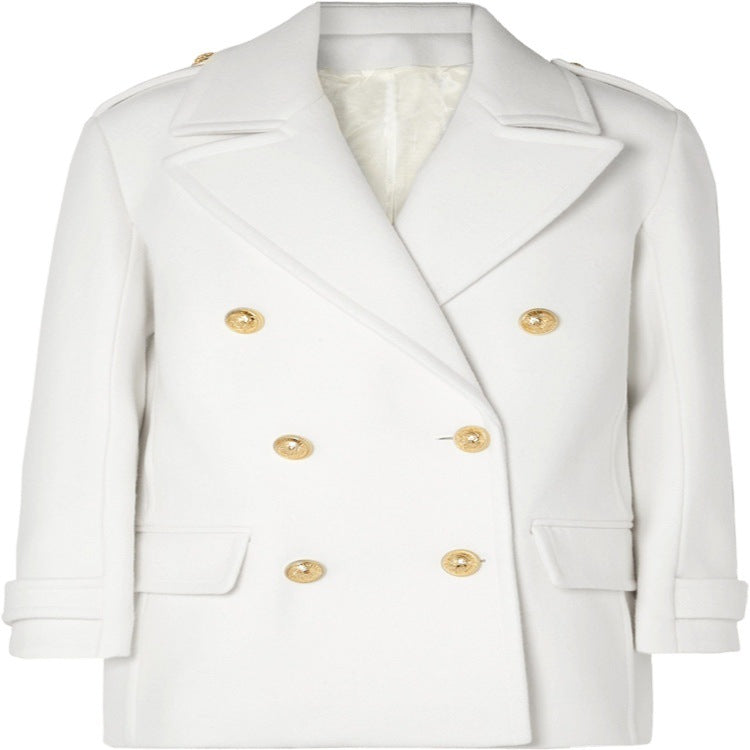 Women's Double-Breasted Short Coat in Marine Tailoring with Gold Decorative Buttons Chichicherry