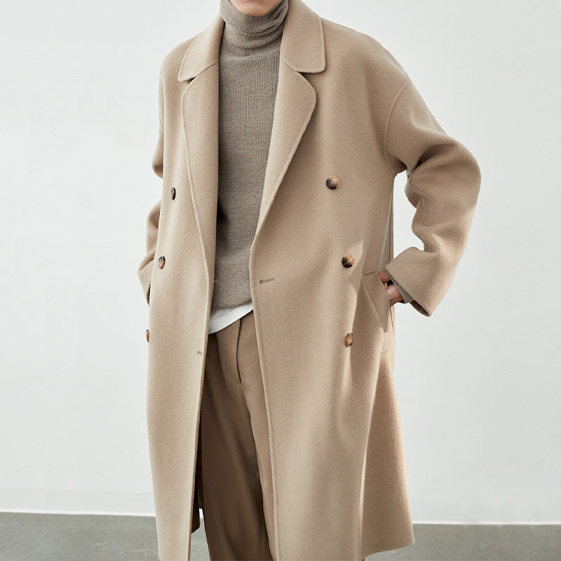 Men's Long Cut Double-Breasted Wool Blend Coat with Oversized Fit Chichicherry