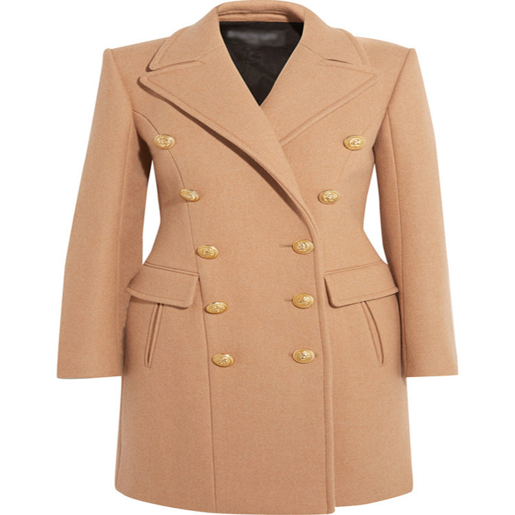 Women’s Wool Blend Long Coat in Marine Tailoring with Contoured Waist and Gold Decorative Round Buttons Chichicherry