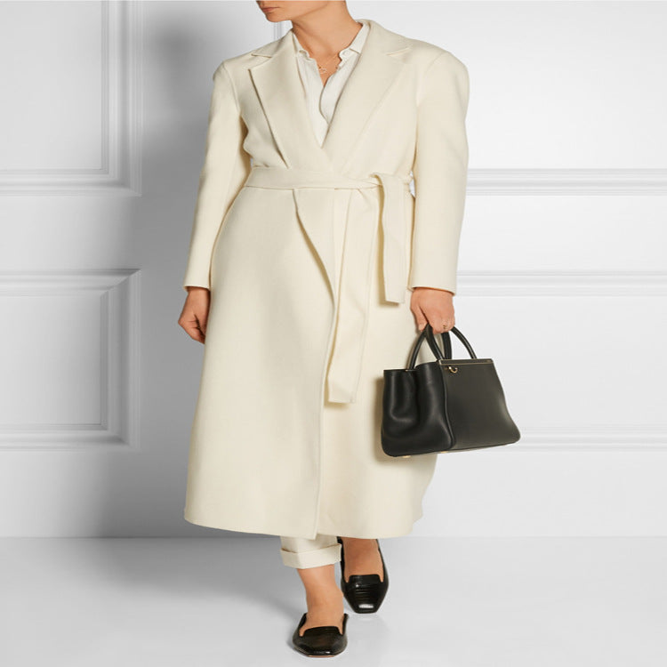Ladies ankle-length wrap long coat made of wool-cashmere blend with fitted tie belt Chichicherry