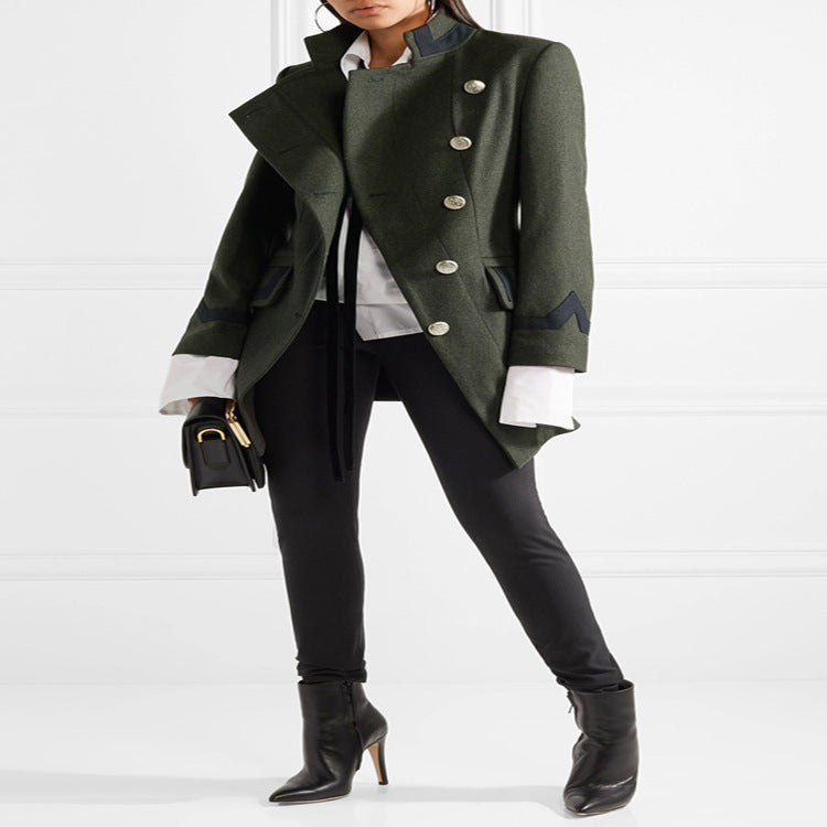Women Tailored Military Coat in A-Line Cut with Asymmetric Button Placket Chichicherry
