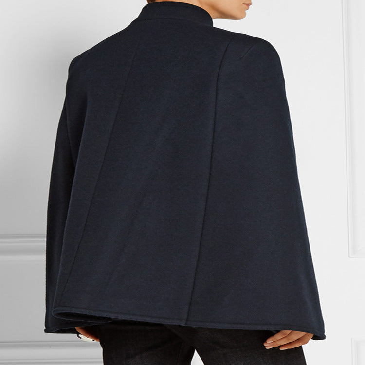 Women's Short Cape Coat in Military Style with Double Breasted and Stand Collar Chichicherry