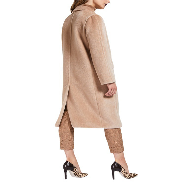 Women's Mid-Length Teddy-Wool Blend Coat with Double Breasted, Patch Pockets and Soft Falling Lapel Chichicherry