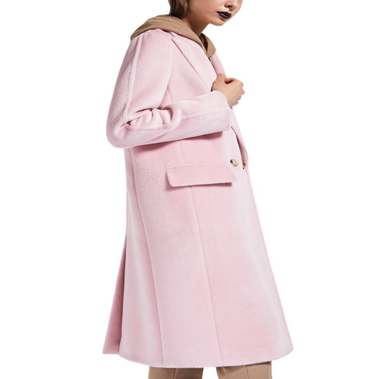 Women's Mid-Length Teddy-Wool Blend Coat with Double Breasted, Patch Pockets and Soft Falling Lapel Chichicherry