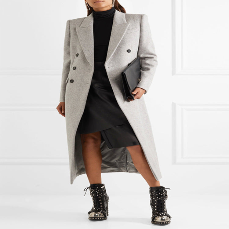 Women's Double-Breasted Tailored Wool Blend Long Coat in Slim Tailoring Style Chichicherry