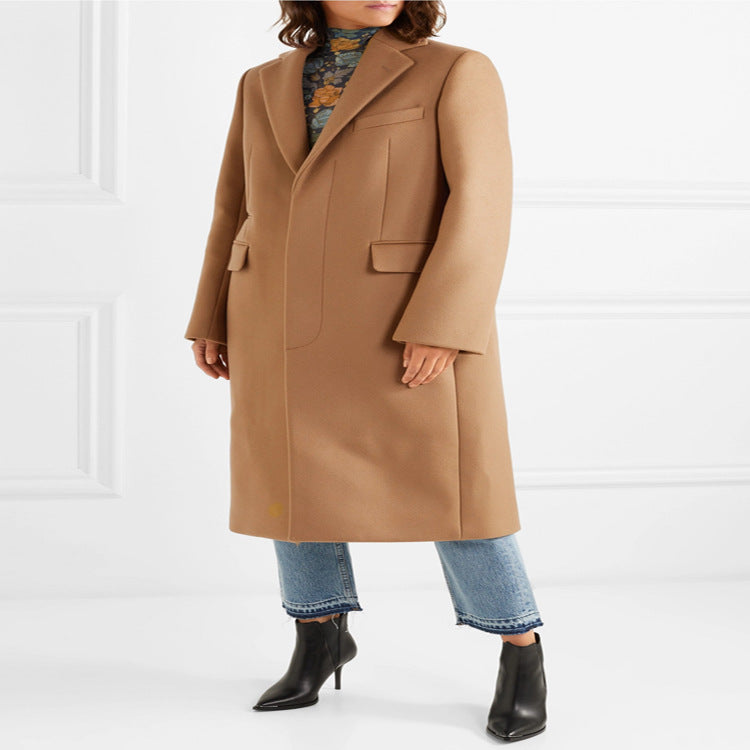 Women's Single-breasted Wool Mix Long Coat with Sharp Tailoring and Patch Pockets Chichicherry