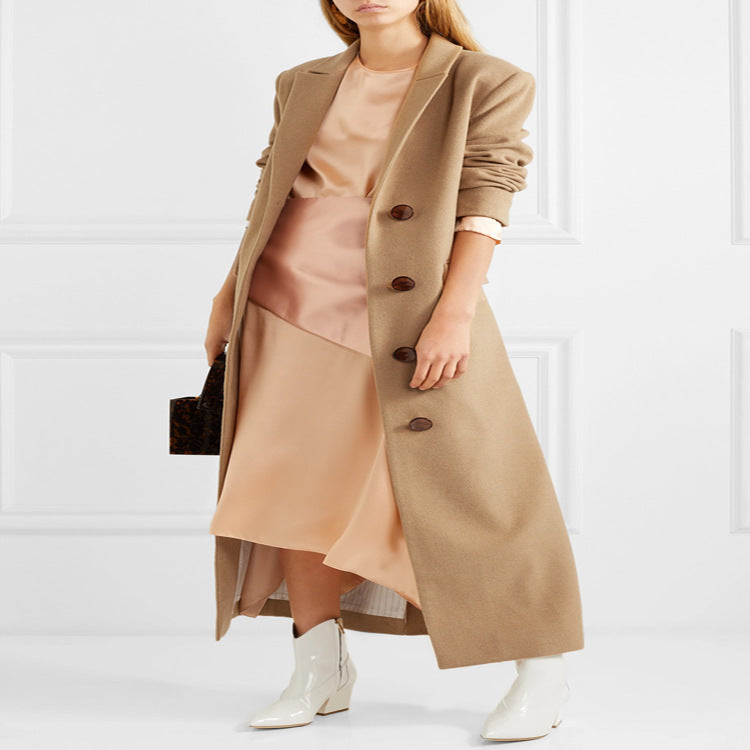 Women's Floor-Length Single-Breasted Wool Blend Coat with Side Slit and Minimalist Tailoring Look Chichicherry