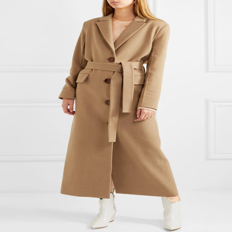 Women's Floor-Length Single-Breasted Wool Blend Coat with Side Slit and Minimalist Tailoring Look Chichicherry