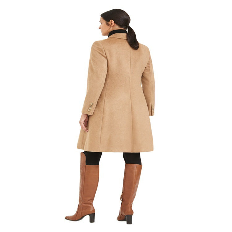 Women Mid-length Tailored Wool Blend Coat with Slim Shoulder Line and Flap Pockets Chichicherry
