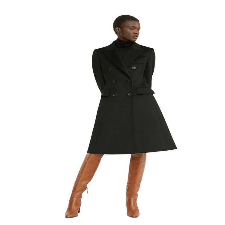 Women Mid-length Tailored Wool Blend Coat with Slim Shoulder Line and Flap Pockets Chichicherry