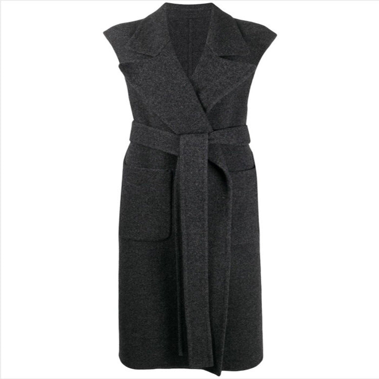 Women Maxi Long Sleeveless Wool Blend Coat with Wide Shawl Collar and Tie Belt Chichicherry
