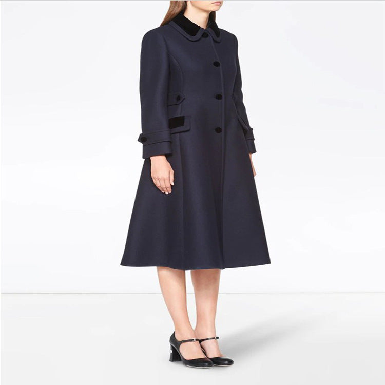 Women's Tailored A-Line Wool Blend Coat with Peter Pan Collar and Embellished Cuffs Chichicherry
