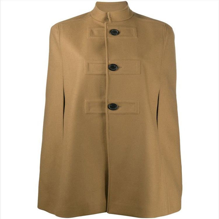 Women's Wool Blend Cape with Stand Collar, Concealed Arm Openings and Minimalist Tailoring Chichicherry