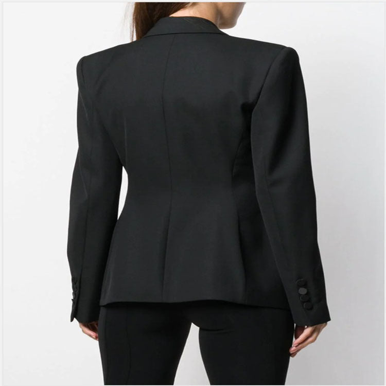 Women Tailored Tuxedo Blazer Jacket with Satin Shawl Collar and Precise Tailoring Chichicherry