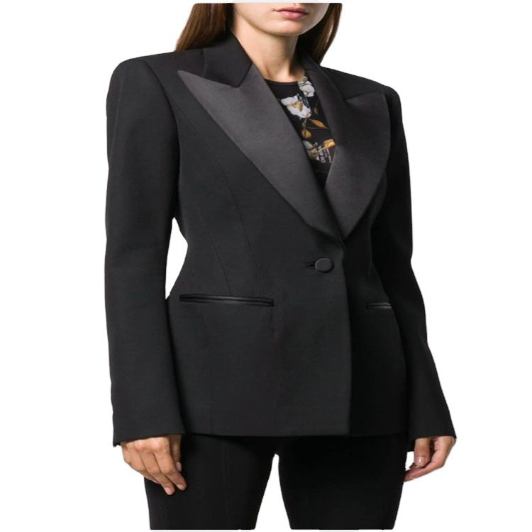 Women Tailored Tuxedo Blazer Jacket with Satin Shawl Collar and Precise Tailoring Chichicherry