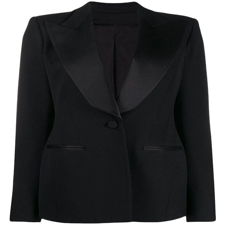 Women Tailored Tuxedo Blazer Jacket with Satin Shawl Collar and Precise Tailoring Chichicherry