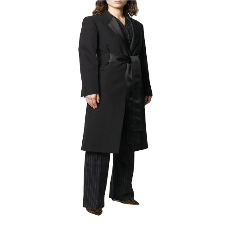 Women's Maxi Length Coat with Shawl Collar, Satin Trim and Tie Belt Chichicherry
