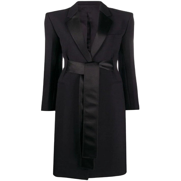 Women's Maxi Length Coat with Shawl Collar, Satin Trim and Tie Belt Chichicherry