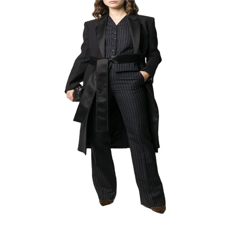 Women's Maxi Length Coat with Shawl Collar, Satin Trim and Tie Belt Chichicherry