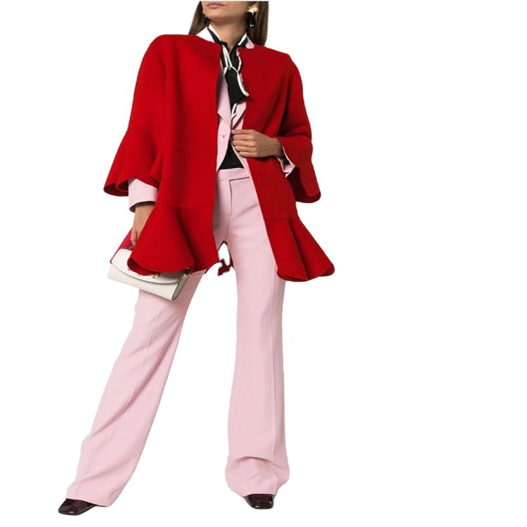 Women's Ruffled Cape Coat made of Wool Blend with Bell Sleeves Chichicherry