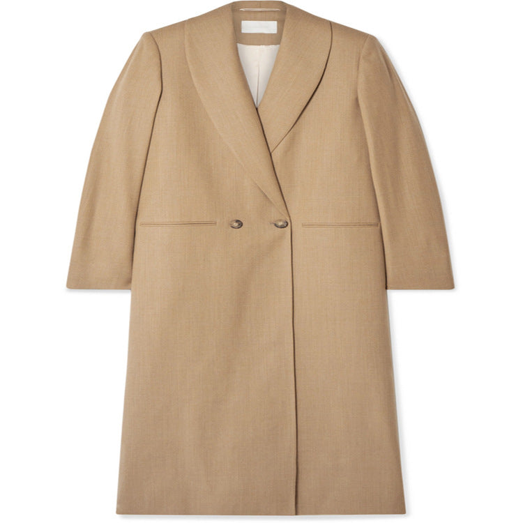 Women's Maxi-length Minimalist Single-breasted Wool Blend Long Coat with Open Shawl Collar Chichicherry