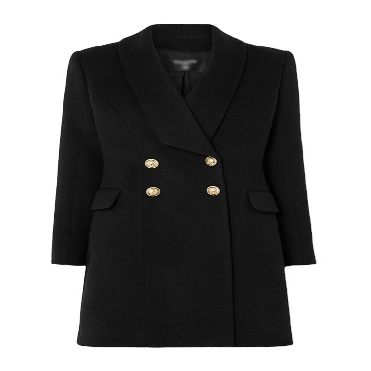 Women's mid-length tailored wool coat in corset tailoring with shawl collar and gold-embellished decorative buttons Chichicherry