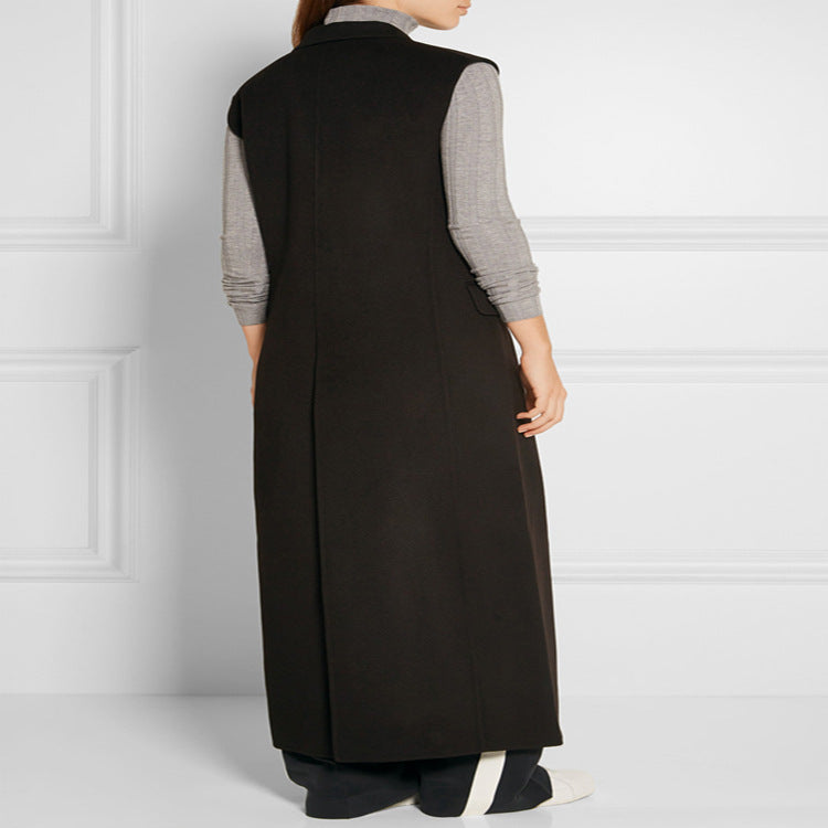 Women's Maxi-Length Sleeveless Tailoring Vest in Wool Blend with Flap Pockets Chichicherry