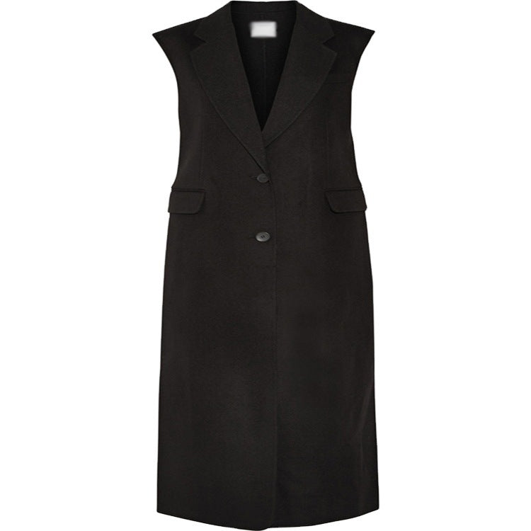 Women's Maxi-Length Sleeveless Tailoring Vest in Wool Blend with Flap Pockets Chichicherry