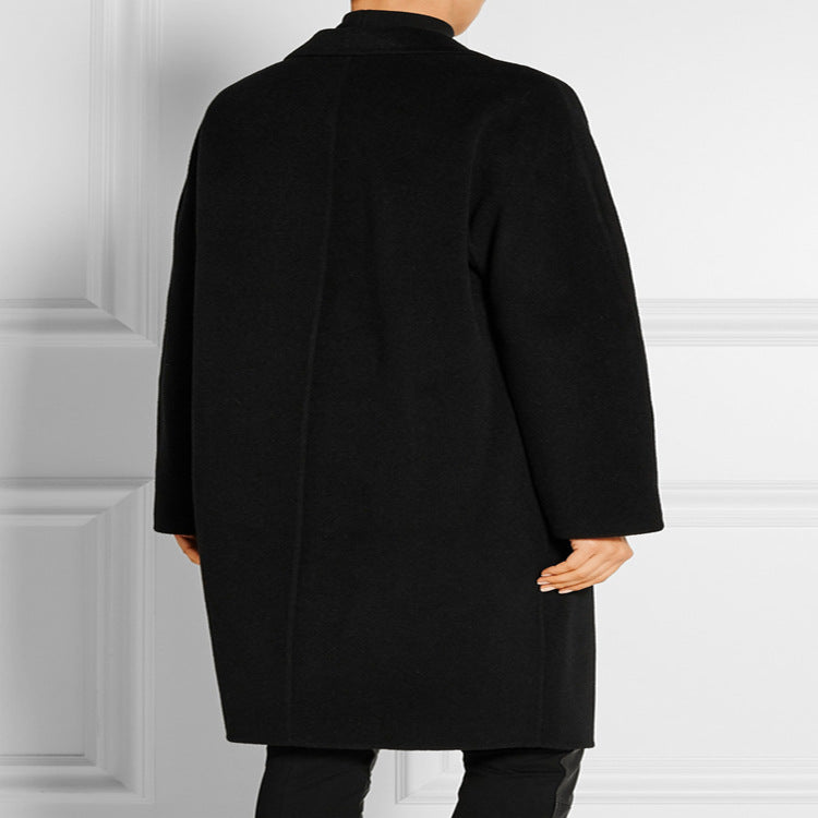 Women's Simple Oversized Long Coat made of Wool-Cashmere Mix with Subtle Lapel and Single-Button Front Chichicherry