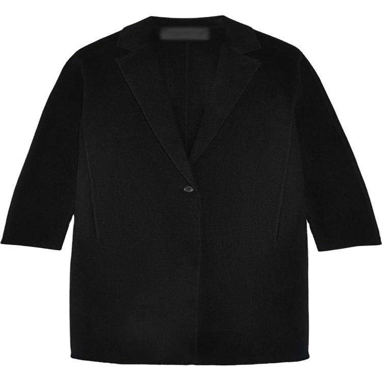 Women's Simple Oversized Long Coat made of Wool-Cashmere Mix with Subtle Lapel and Single-Button Front Chichicherry
