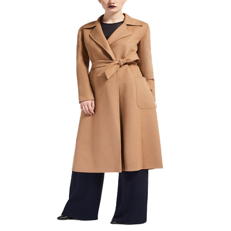 Women's Tailored Wrap Coat made of Wool-Cashmere Blend with A-Line, Belt and Patch Pockets Chichicherry