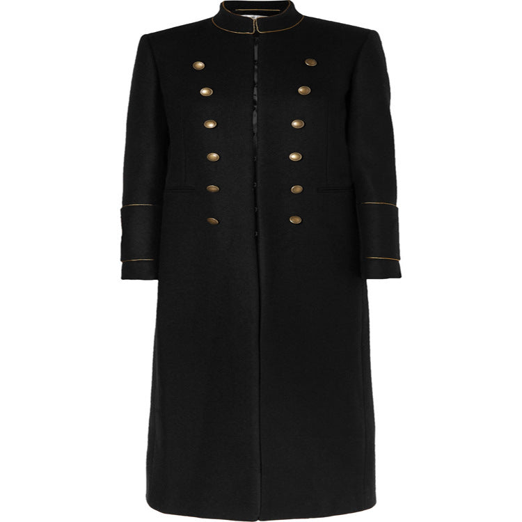Women’s Longer Military Wool Coat with Gold Decorative Buttons and Stand Collar Chichicherry