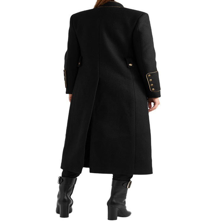 Women’s Longer Military Wool Coat with Gold Decorative Buttons and Stand Collar Chichicherry