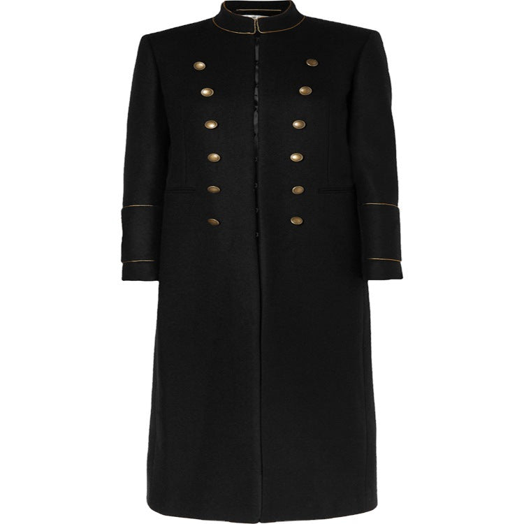 Women’s Longer Military Wool Coat with Gold Decorative Buttons and Stand Collar Chichicherry