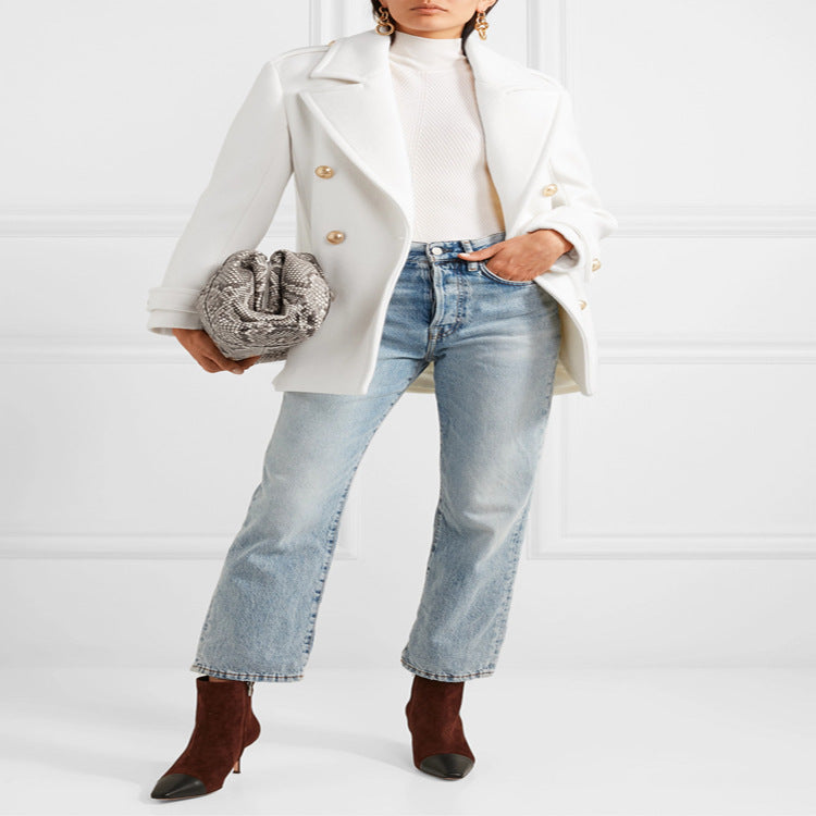 Women's Double-Breasted Short Coat in Marine Tailoring with Gold Decorative Buttons Chichicherry