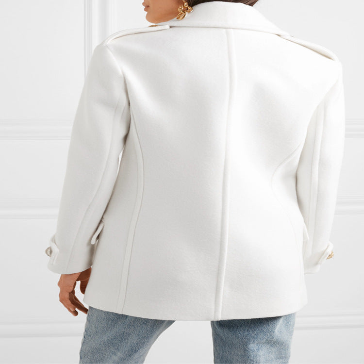 Women's Double-Breasted Short Coat in Marine Tailoring with Gold Decorative Buttons Chichicherry