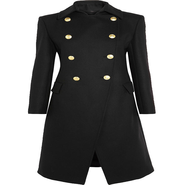 Women Asymmetrical Midi-Length Wool Blend Coat with Double-Breasted Button Placket and Golden Decorative Buttons Chichicherry