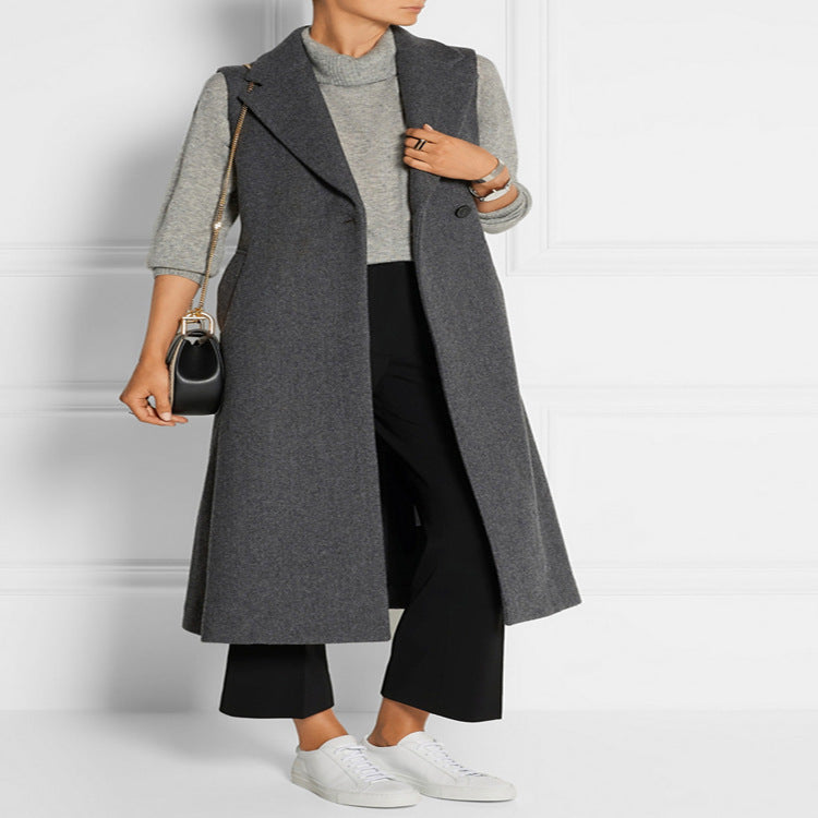 Women's Sleeveless Wool Blend Coat with Flared A-Line Silhouette and One-Button Front Chichicherry