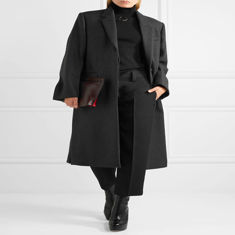 Women's Oversize Single-Breasted Maxi-Length Wool Blend Long Coat with Relaxed Shoulders and Flap Pockets Chichicherry
