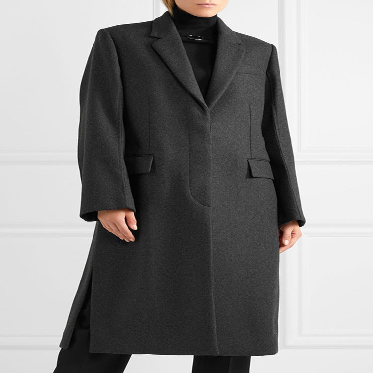Women's Oversize Single-Breasted Maxi-Length Wool Blend Long Coat with Relaxed Shoulders and Flap Pockets Chichicherry