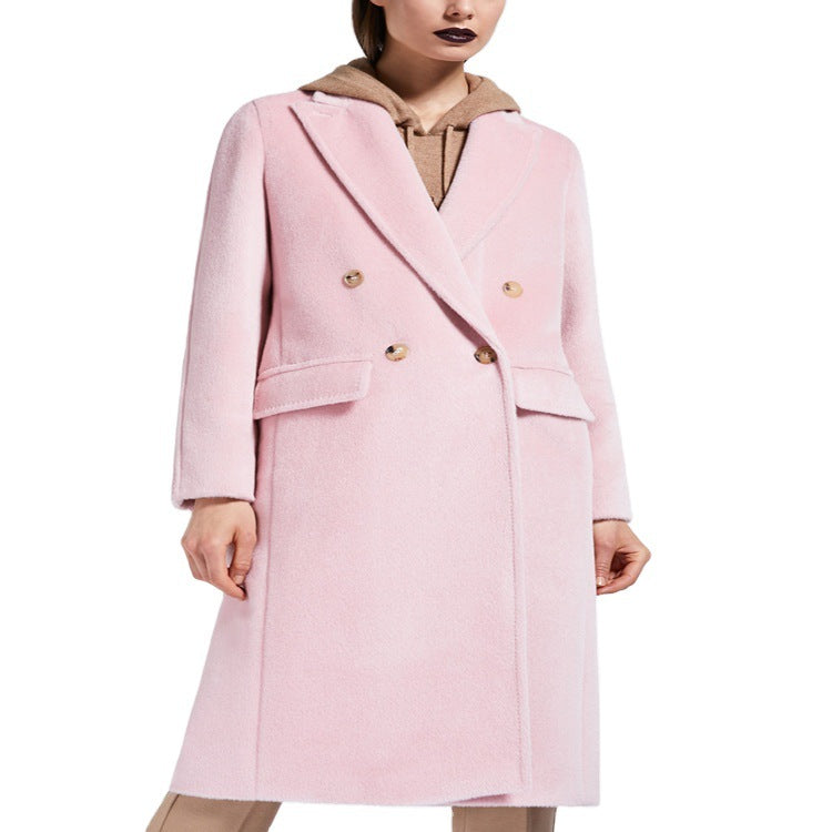 Women's Mid-Length Teddy-Wool Blend Coat with Double Breasted, Patch Pockets and Soft Falling Lapel Chichicherry